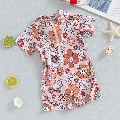 Adorable Floral Print Short Sleeve Swimsuit for Baby Girls - Summer Bathing Suit for Newborns and Toddlers