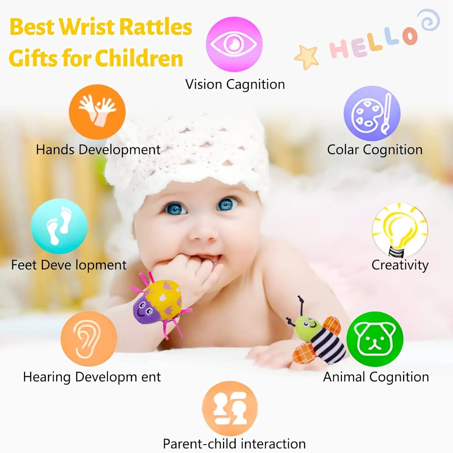 Soft Plush Baby Rattle Set for Newborns - 4 Animal Wrist and Foot Toys for Developmental Play
