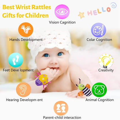 Soft Plush Baby Rattle Set for Newborns - 4 Animal Wrist and Foot Toys for Developmental Play