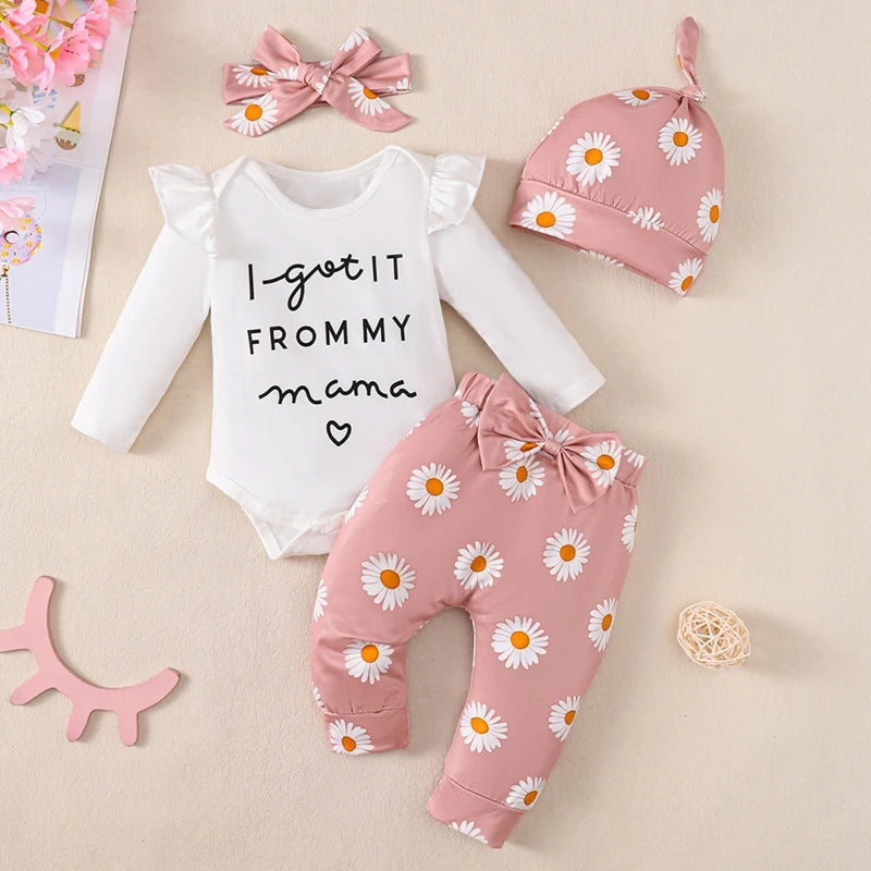 Adorable Baby Girl Fall & Winter 4-Piece Romper, Pants, Headband, and Hat Set for Newborns to 18 Months