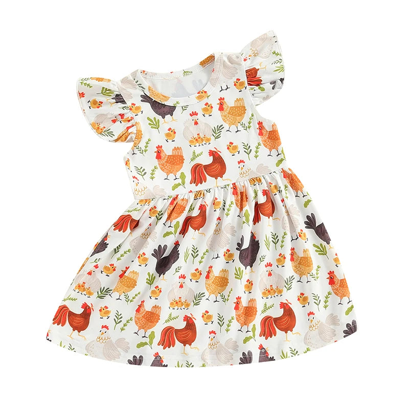 Toddler Girls Summer Casual Dress with Farm Rooster and Hen Print