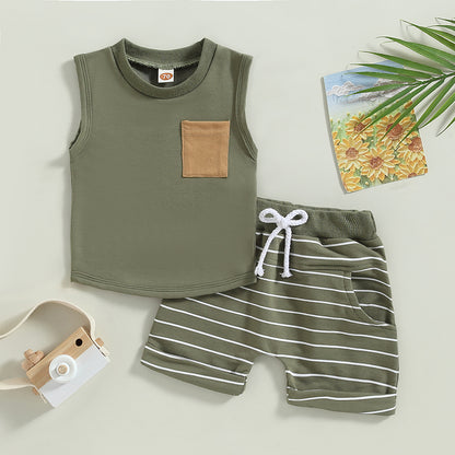 Toddler Summer Boys' Striped Tank Top and Shorts Set for Beach Fun