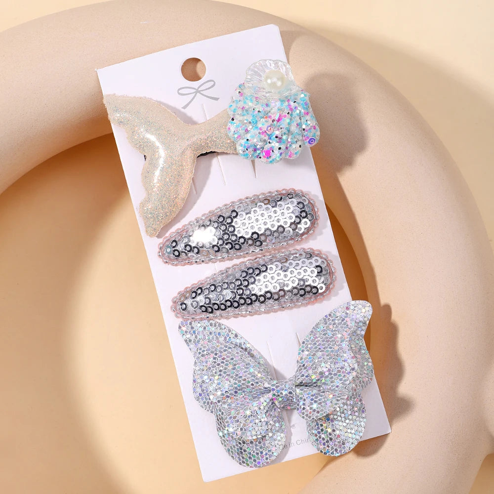 4-Piece Set of Sequin Fish Tail and Butterfly Hairpins for Girls - Kids' Barrettes and Hair Clips, Perfect Baby Accessories and Gift