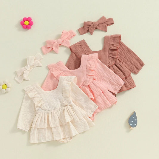 Adorable Baby Girls' Long Sleeve Ruffled Romper with Headband - Fall Fashion Jumpsuit for Newborns