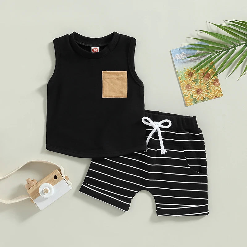Toddler Summer Boys' Striped Tank Top and Shorts Set for Beach Fun
