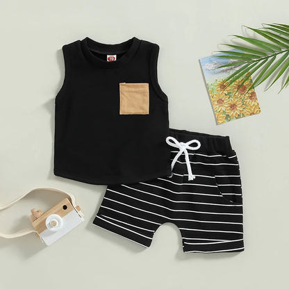 Toddler Summer Boys' Striped Tank Top and Shorts Set for Beach Fun