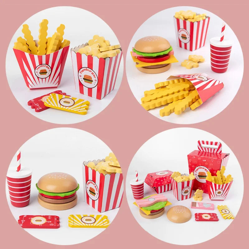 Wooden Hamburger & Fries Play Set - Interactive Montessori Kitchen Toy for Kids