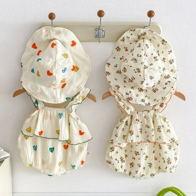 Summer Floral Muslin Baby Romper Set with Hat - Sweet Heart Print Sleeveless Jumpsuit for Newborns and Toddlers