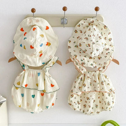 Summer Floral Muslin Baby Romper Set with Hat - Sweet Heart Print Sleeveless Jumpsuit for Newborns and Toddlers