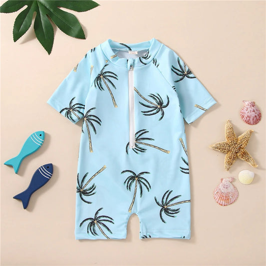 Toddler Unisex Blue Tropical Tree Print Short Sleeve Zipper Swimwear for Ages 1-5
