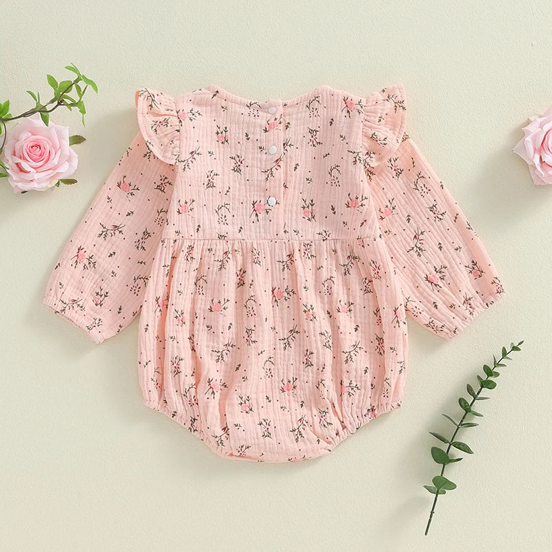 Adorable Baby Girls Floral Print Long Sleeve Romper with Ruffles for Autumn and Fall