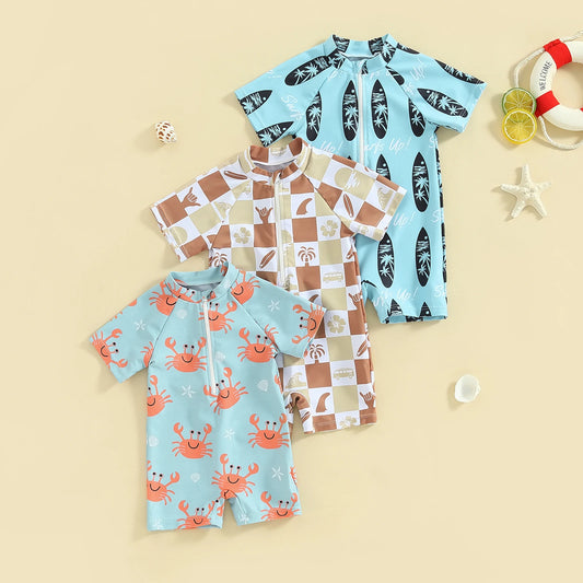 Baby Boys Cartoon Crab Swimwear Short Sleeve Sunsuit with Zipper and Tree Print