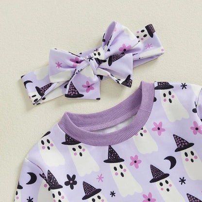 Adorable Baby Girl Halloween Ghost Print Long Sleeve Romper with Headband - Newborn Jumpsuit Outfit