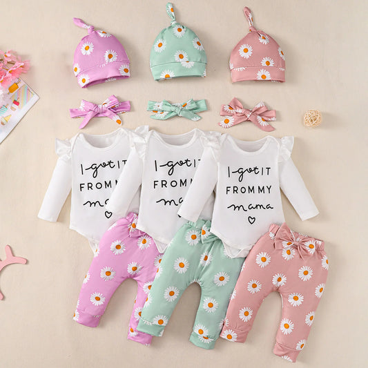 Adorable Baby Girl Fall & Winter 4-Piece Romper, Pants, Headband, and Hat Set for Newborns to 18 Months