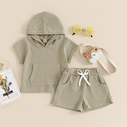 Toddler Summer Outfit Set for Boys and Girls - Solid Color Pocket Hooded Tank Top with Elastic Waist Shorts