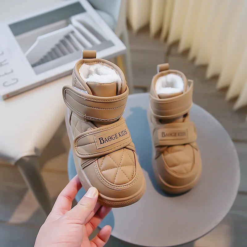 2024 Stylish Plush Leather Winter Boots for Kids - Warm Snow Shoes with Drawstring and Soft Soles for Boys and Girls
