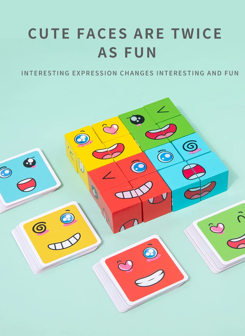 Wooden Expression Matching Puzzle Cube - Educational Building Blocks Game for Kids Aged 4-12
