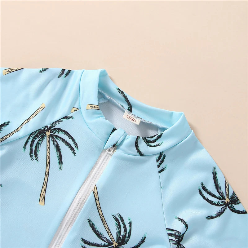 Toddler Unisex Blue Tropical Tree Print Short Sleeve Zipper Swimwear for Ages 1-5