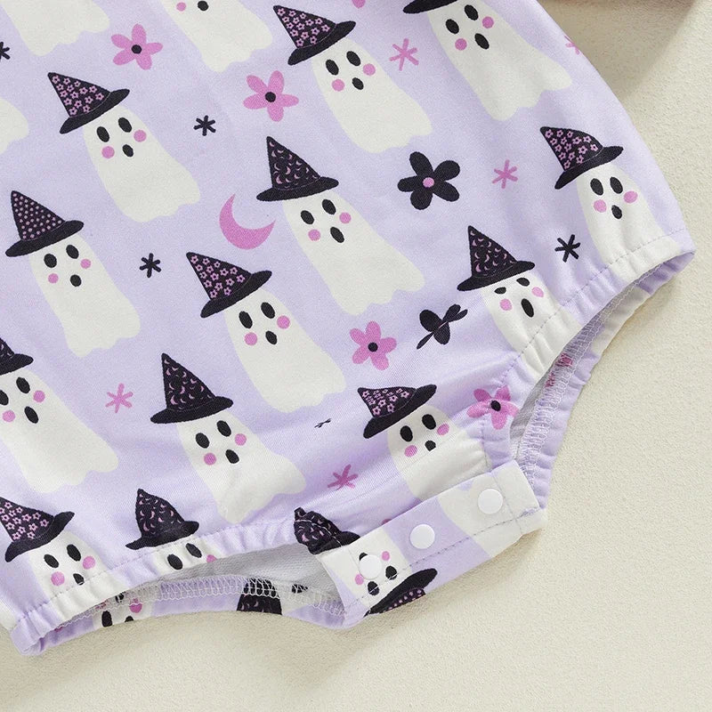 Adorable Baby Girl Halloween Ghost Print Long Sleeve Romper with Headband - Newborn Jumpsuit Outfit