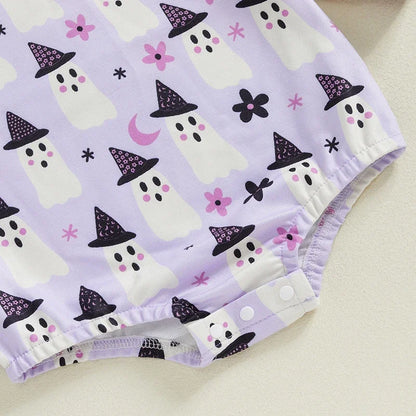 Adorable Baby Girl Halloween Ghost Print Long Sleeve Romper with Headband - Newborn Jumpsuit Outfit