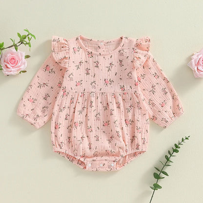 Adorable Baby Girls Floral Print Long Sleeve Romper with Ruffles for Autumn and Fall