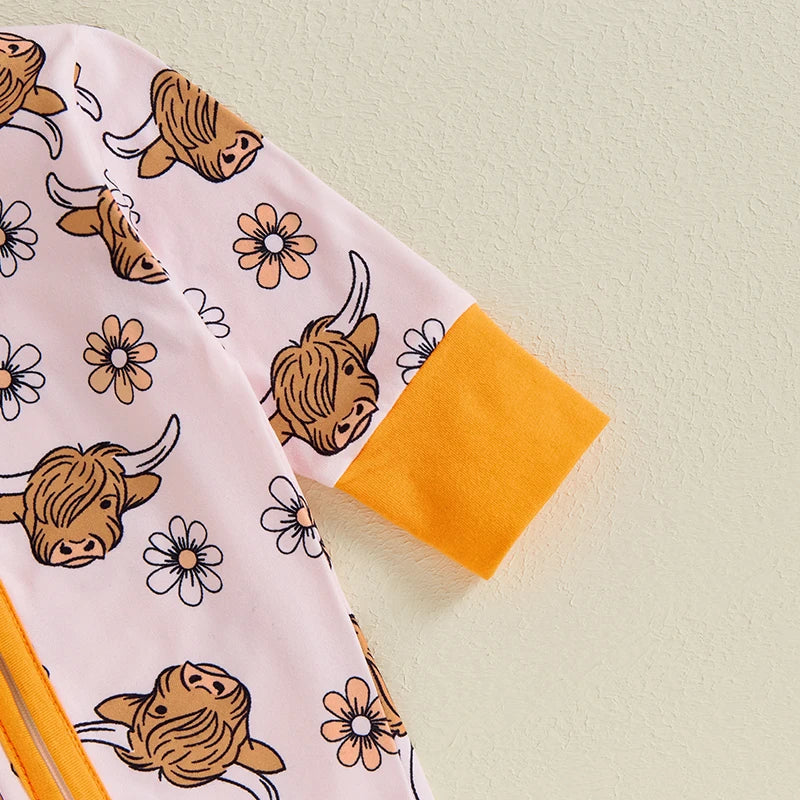 Adorable Highland Cow Print Long Sleeve Baby Girl Romper for Autumn and Spring
