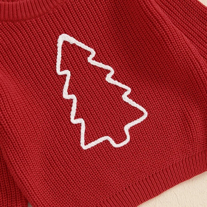 Toddler Unisex Christmas Tree Embroidered Sweater - Long Sleeve Crew Neck Pullover for Kids