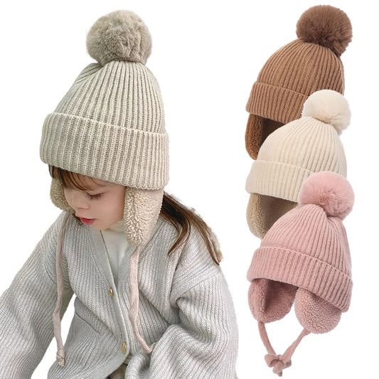 Cozy Winter Pompom Beanie with Earflap for Infants and Toddlers - Warm Knitted Hat with Plush Lining, Suitable for Ages 2-6 Years