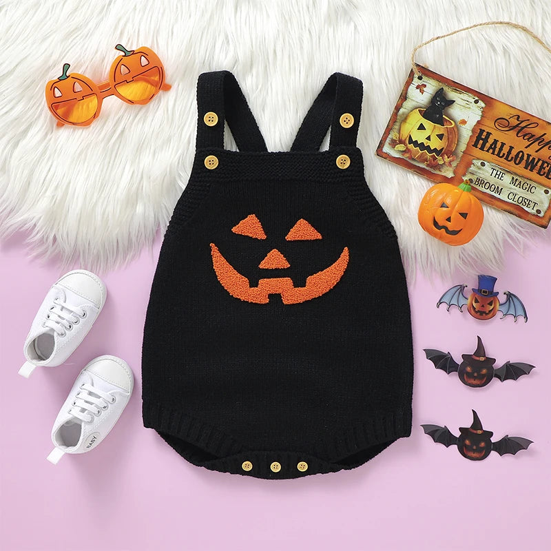 Adorable Unisex Baby Knit Romper with Pumpkin Embroidery for Halloween - Perfect Gift for Newborns