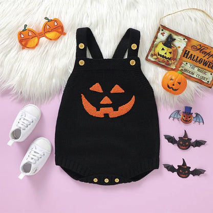 Adorable Unisex Baby Knit Romper with Pumpkin Embroidery for Halloween - Perfect Gift for Newborns