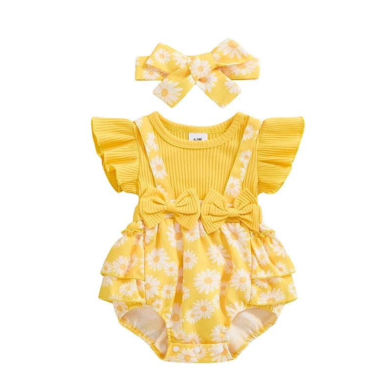Baby Clothing Girl Outfits Floral Print Ribbed Fly Sleeve Bowknot Patchwork Layered Jumpsuits Headband Newborn Clothes