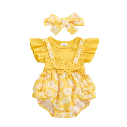 Baby Clothing Girl Outfits Floral Print Ribbed Fly Sleeve Bowknot Patchwork Layered Jumpsuits Headband Newborn Clothes
