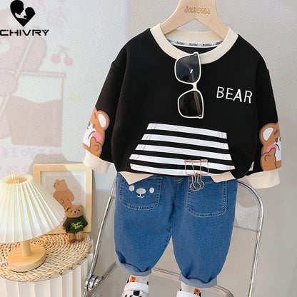 Adorable 2023 Children's Cartoon Bear Striped Sweatshirt and Denim Pants Outfit Set for Boys and Girls
