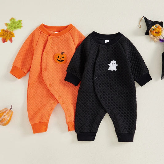 Cute Ghost Embroidered Halloween Romper for Infants - Long Sleeve Full Length Jumpsuit for Boys and Girls