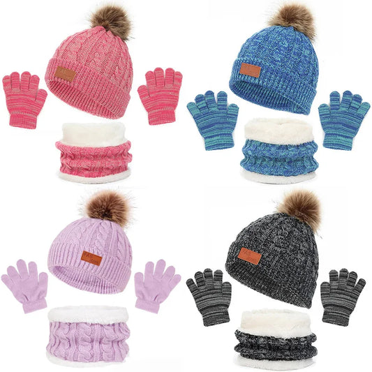Cozy 3-Piece Knitted Hat, Scarf, and Gloves Set for Toddlers with Pompom – Winter Outdoor Accessories for Infants Aged 1-5 Years