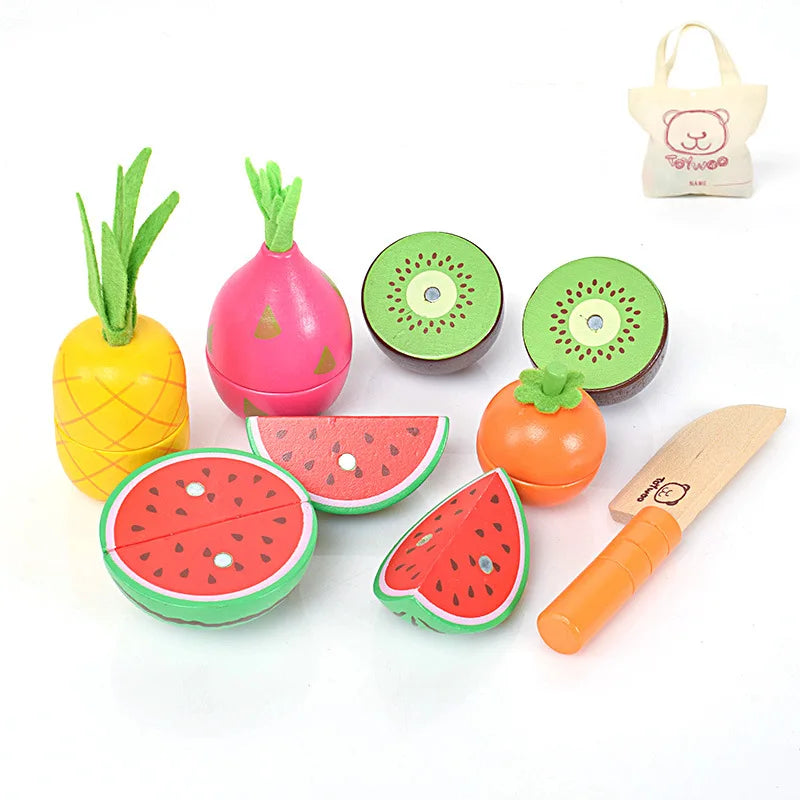 Wooden Fruit and Vegetable Cutting Play Set for Kids - Montessori Educational Kitchen Toy for Imaginative Role Play