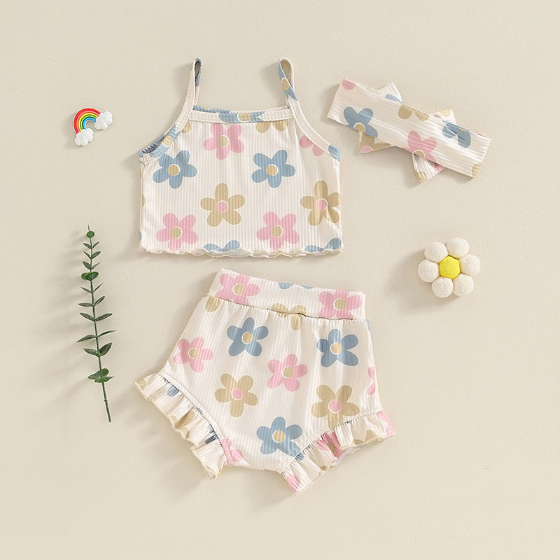 Toddler Summer Floral Outfit Set for Baby Girls - 3PCS Cami Top, Shorts, and Headband (0-24 Months)
