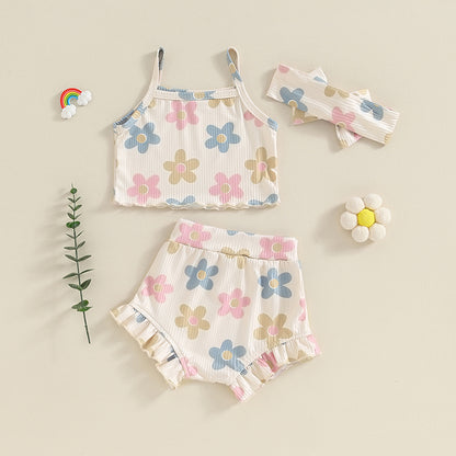 Toddler Summer Floral Outfit Set for Baby Girls - 3PCS Cami Top, Shorts, and Headband (0-24 Months)