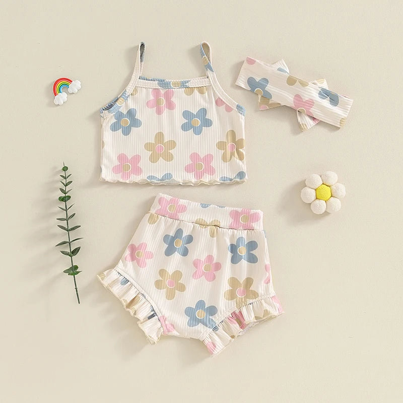 Toddler Summer Floral Outfit Set for Baby Girls - 3PCS Cami Top, Shorts, and Headband (0-24 Months)