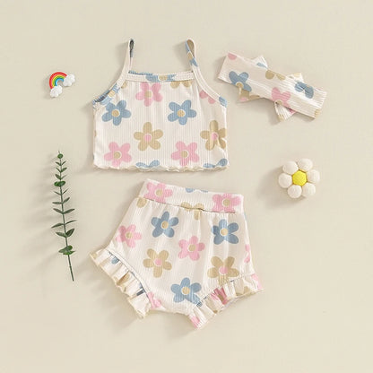 Toddler Summer Floral Outfit Set for Baby Girls - 3PCS Cami Top, Shorts, and Headband (0-24 Months)