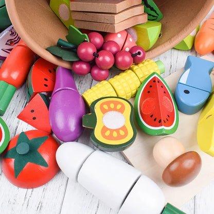 Wooden Fruit and Vegetable Cutting Play Set for Kids - Montessori Educational Kitchen Toy for Imaginative Role Play