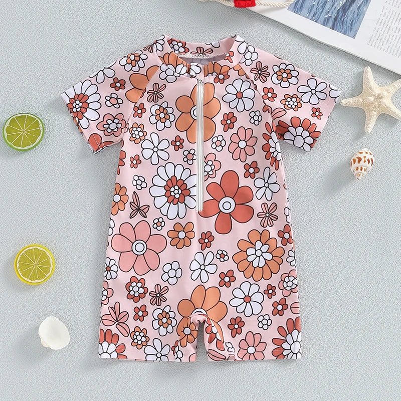 Adorable Floral Print Short Sleeve Swimsuit for Baby Girls - Summer Bathing Suit for Newborns and Toddlers