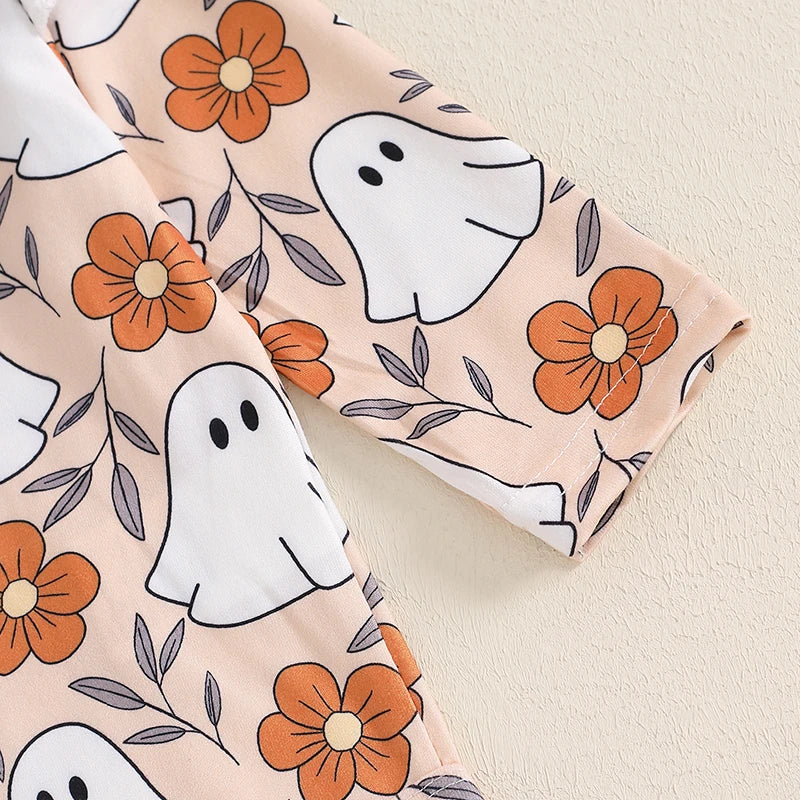 Adorable Baby Girls Halloween Ghost Print Ruffled Romper Set with Skirt and Hair Band