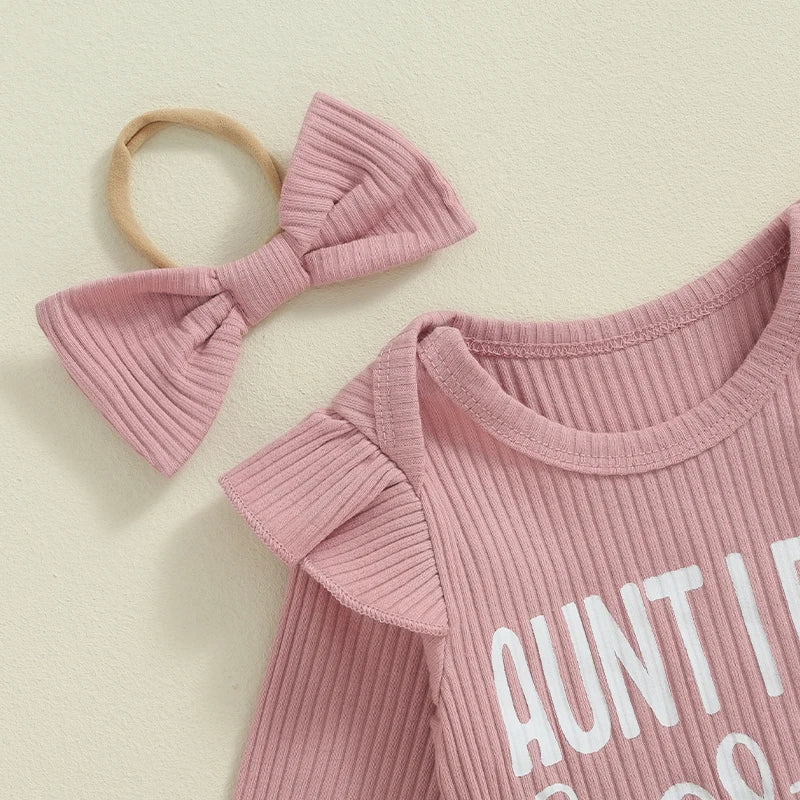 Adorable Baby Girls Ribbed 3-Piece Set with Letter Print Romper, Long Trousers, and Matching Hair Band