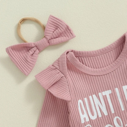 Adorable Baby Girls Ribbed 3-Piece Set with Letter Print Romper, Long Trousers, and Matching Hair Band