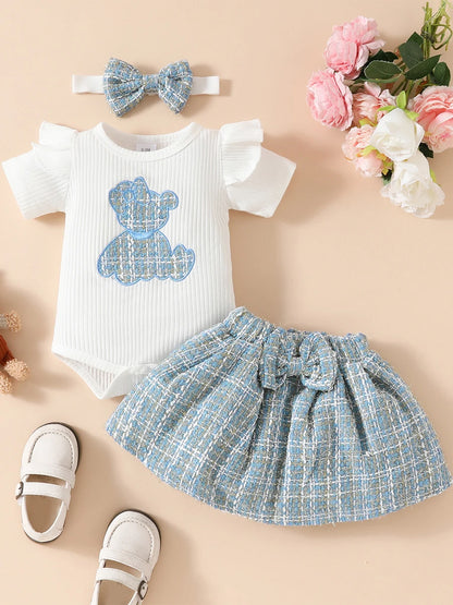 Adorable Baby Girls 3-Piece Skirt Set with Bear Embroidery Romper, Bow Mini Skirt, and Headband for Summer