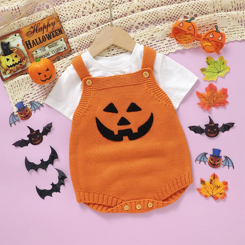 Adorable Unisex Baby Knit Romper with Pumpkin Embroidery for Halloween - Perfect Gift for Newborns