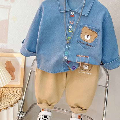 Adorable 2023 Boys' Cartoon Bear Denim Shirt and Pants Set for Spring and Autumn Fashion