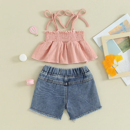 Summer Casual 2-Piece Outfit for Baby Girls: Sleeveless Camisole and Ripped Denim Shorts Set
