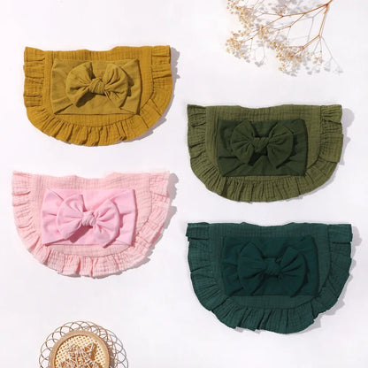 Toddler Ruffled Edge Turban Set with Big Bow - 2Pcs Solid Color Headbands for Newborns and Toddlers